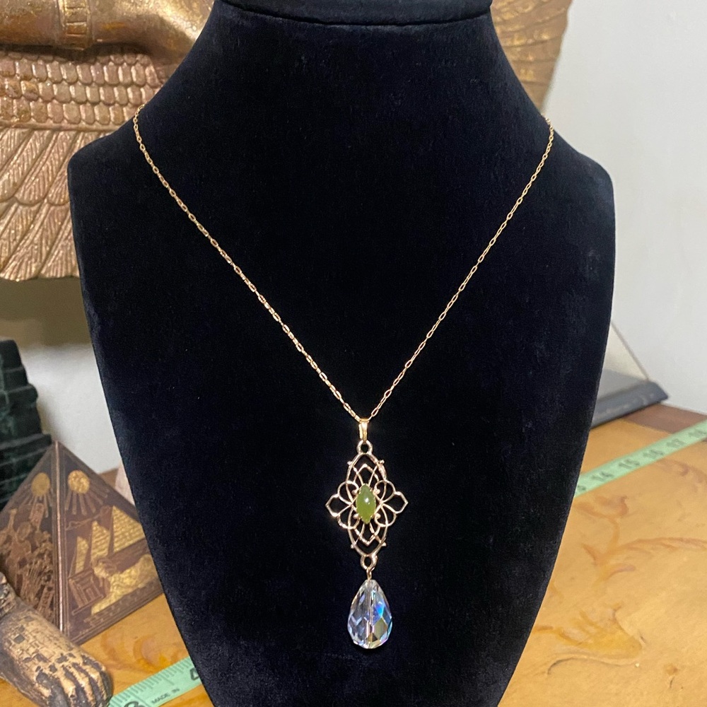 Vintage Necklace with Green Gem and Crystal Teardrop